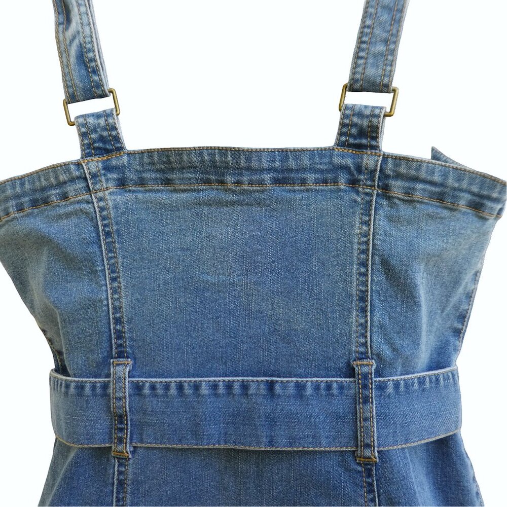 Vintage 90s Y2K Stretchy Denim Tank Dress Square Neck Full Button Belt Pockets - Picture 4 of 6
